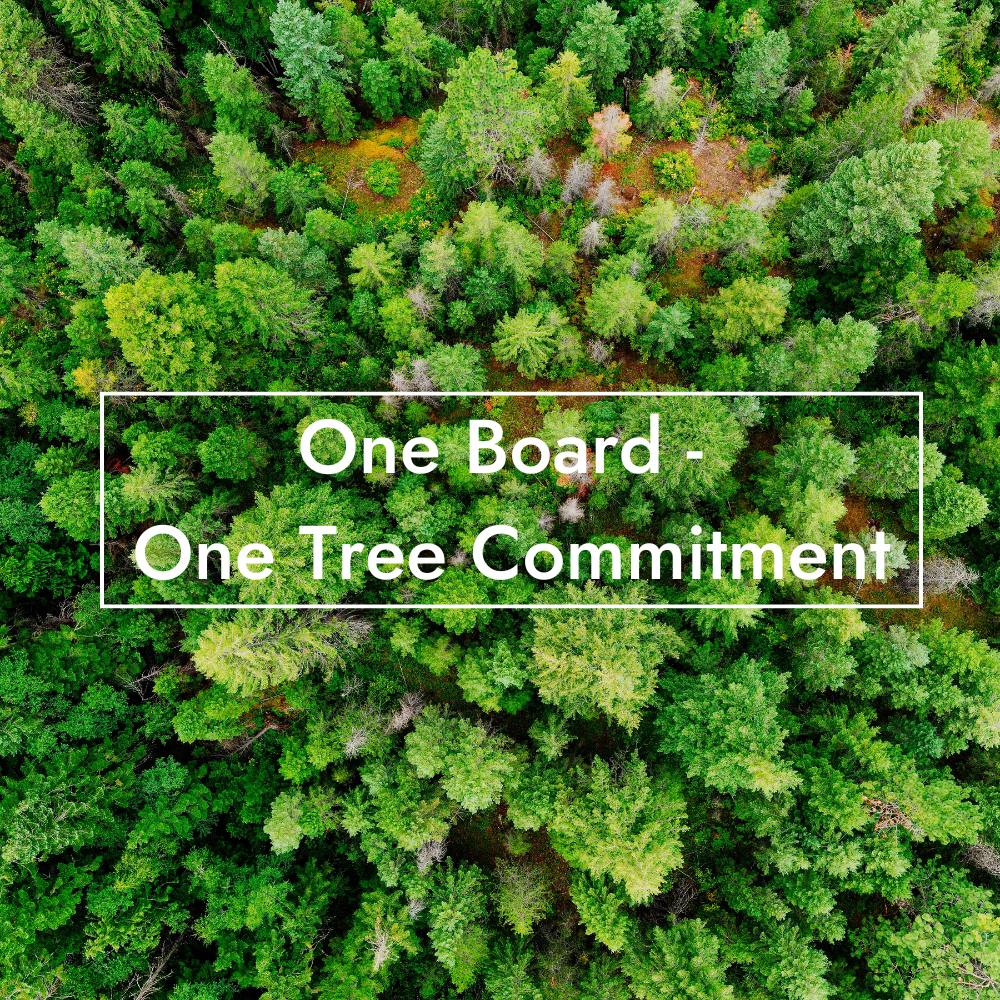 An overhead picture of a forest with text indicating Deviate's, "One Board - One Tree Commitment"