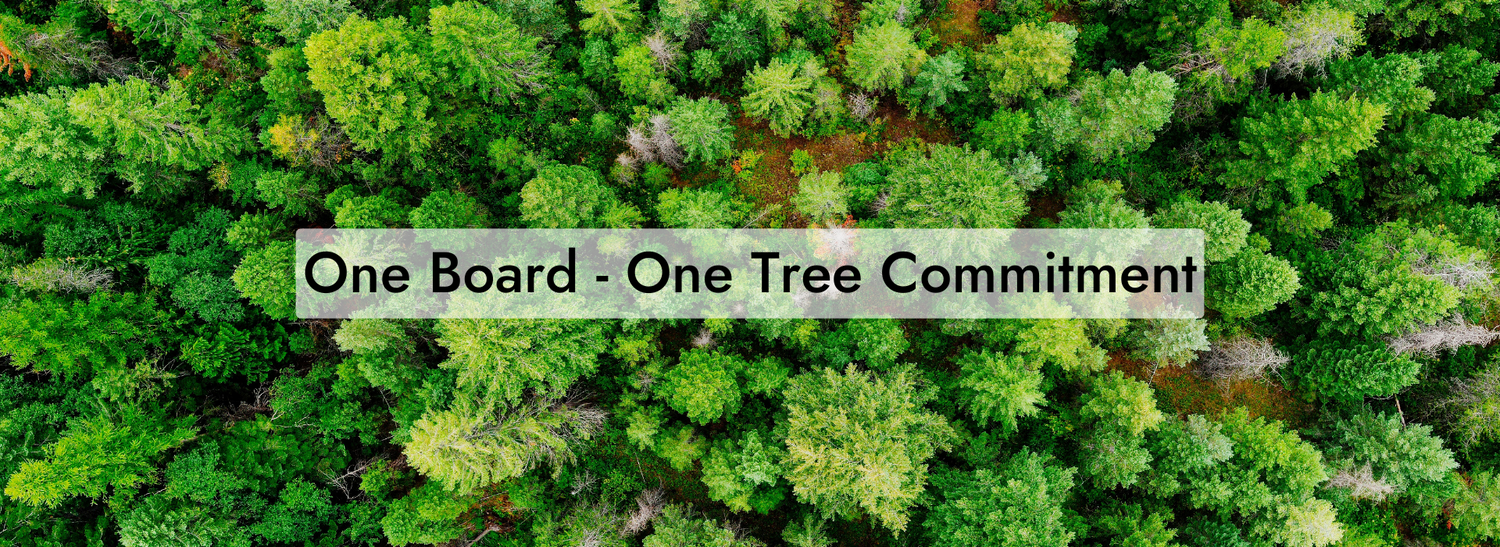An overhead picture of a forest with text indicating Deviate's, "One Board - One Tree Commitment"